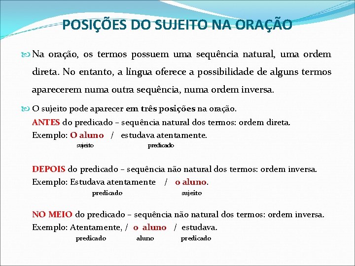 POSIÇÕES DO SUJEITO NA ORAÇÃO Na oração, os termos possuem uma sequência natural, uma