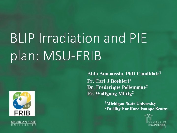 BLIP Irradiation and PIE plan: MSU-FRIB Aida Amroussia, Ph. D Candidate 1 Pr. Carl