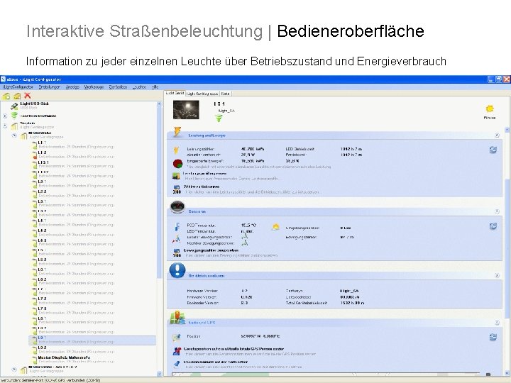 Interaktive Straßenbeleuchtung | Bedieneroberfläche Information zu jeder einzelnen Leuchte über Betriebszustand und Energieverbrauch 20