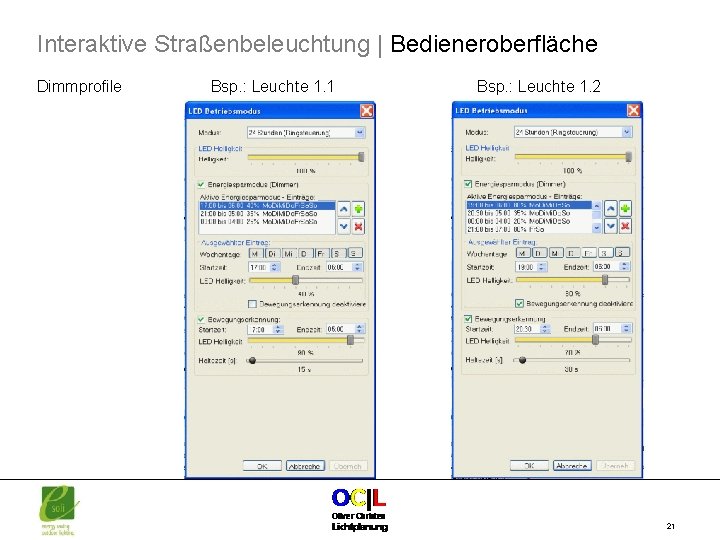 Interaktive Straßenbeleuchtung | Bedieneroberfläche Dimmprofile Bsp. : Leuchte 1. 1 Bsp. : Leuchte 1.