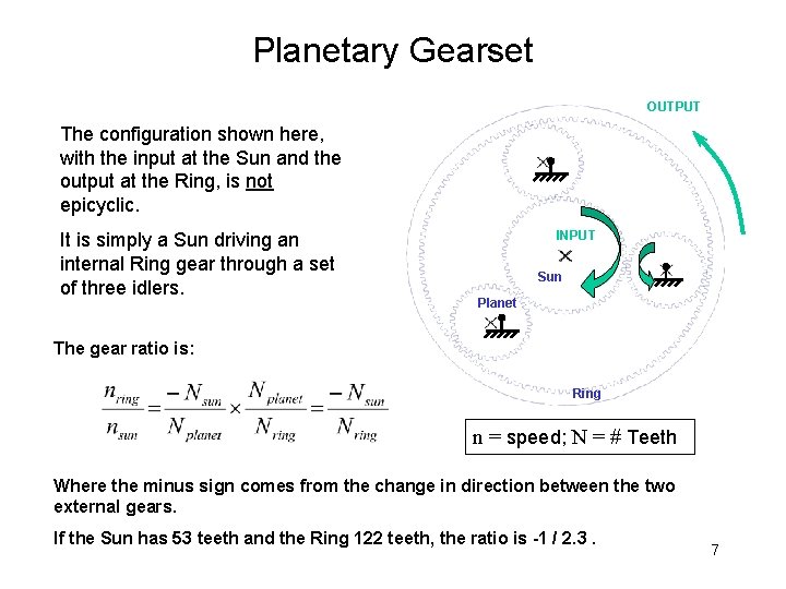 Planetary Gearset OUTPUT The configuration shown here, with the input at the Sun and