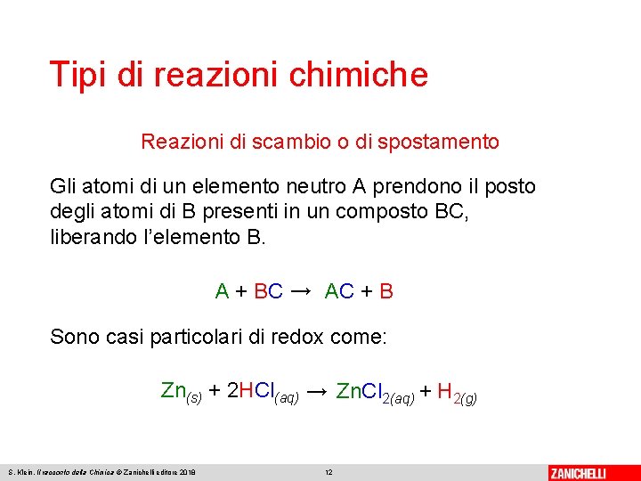 Tipi di reazioni chimiche Reazioni di scambio o di spostamento Gli atomi di un