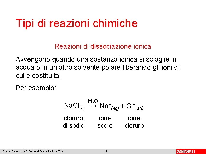 Tipi di reazioni chimiche Reazioni di dissociazione ionica Avvengono quando una sostanza ionica si