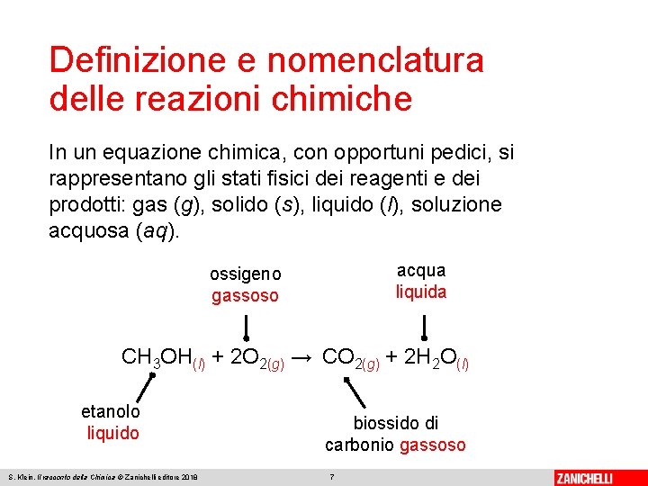 Definizione e nomenclatura delle reazioni chimiche In un equazione chimica, con opportuni pedici, si