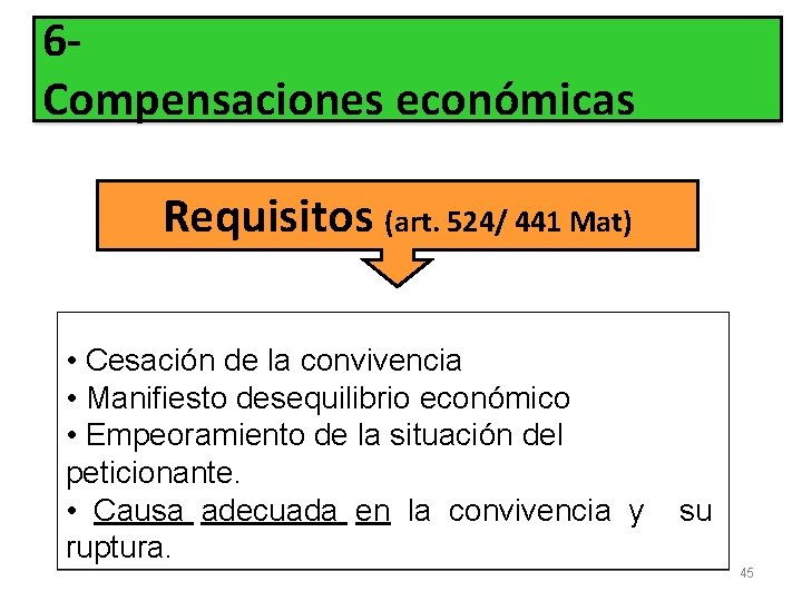 6 Compensaciones económicas Requisitos (art. 524/ 441 Mat) • Cesación de la convivencia •