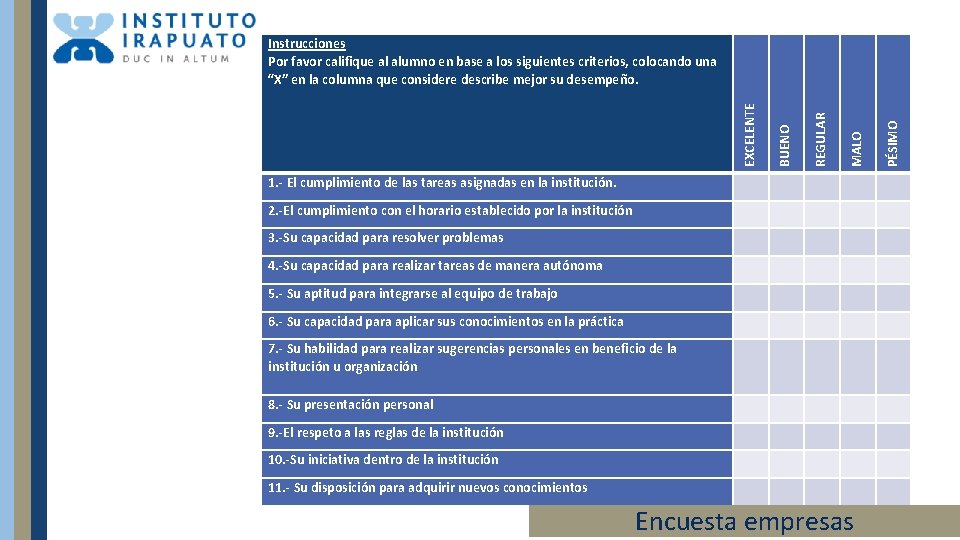 EXCELENTE BUENO REGULAR MALO PÉSIMO Instrucciones Por favor califique al alumno en base a