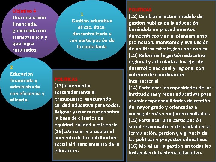 Objetivo 4 Una educación financiada, gobernada con transparencia y que logra resultados 2 Educación Objetivo 4 Una educación financiada, gobernada con transparencia y que logra resultados 2 Educación