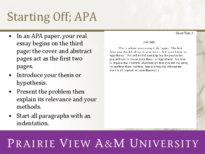Starting Off; APA • In an APA paper, your real essay begins on the
