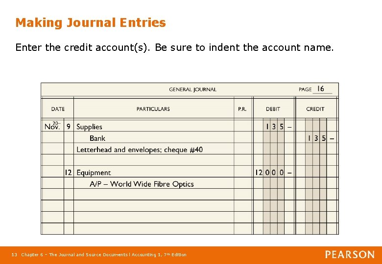 Making Journal Entries Enter the credit account(s). Be sure to indent the account name.