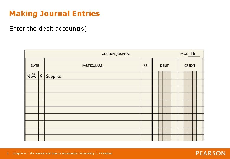 Making Journal Entries Enter the debit account(s). 5 Chapter 6 – The Journal and