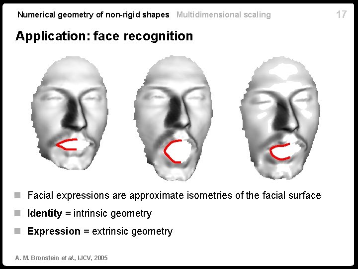 Numerical geometry of non-rigid shapes Multidimensional scaling Application: face recognition n Facial expressions are