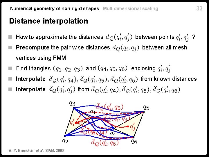 33 Numerical geometry of non-rigid shapes Multidimensional scaling Distance interpolation n How to approximate