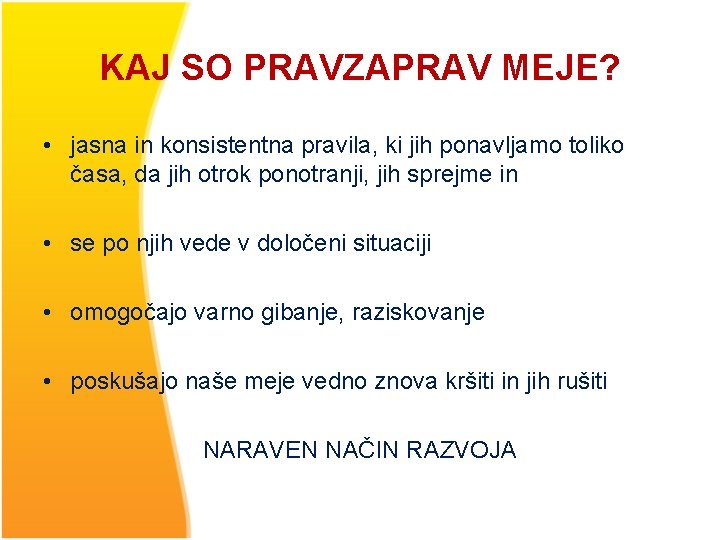 KAJ SO PRAVZAPRAV MEJE? • jasna in konsistentna pravila, ki jih ponavljamo toliko časa,