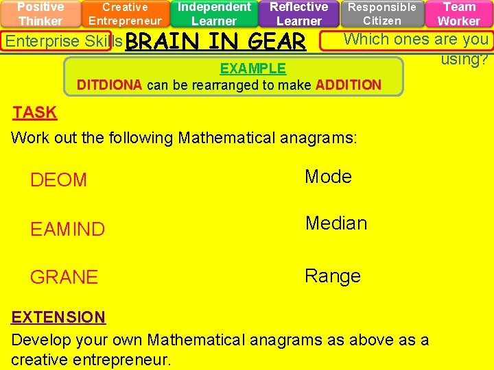 Positive Thinker Creative Entrepreneur Independent Learner Enterprise Skills BRAIN Reflective Learner IN GEAR Responsible