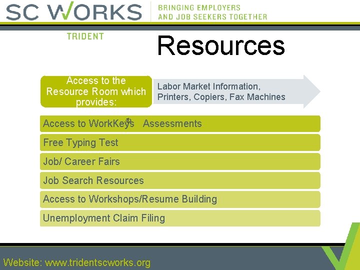 Resources Access to the Resource Room which provides: Labor Market Information, Printers, Copiers, Fax