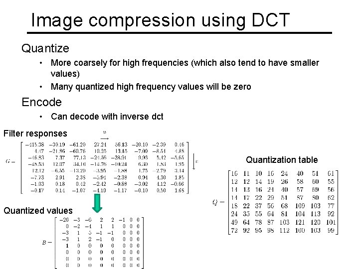 Image compression using DCT Quantize • More coarsely for high frequencies (which also tend