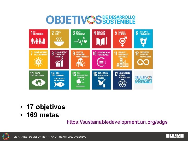  • 17 objetivos • 169 metas https: //sustainabledevelopment. un. org/sdgs LIBRARIES, DEVELOPMENT, AND