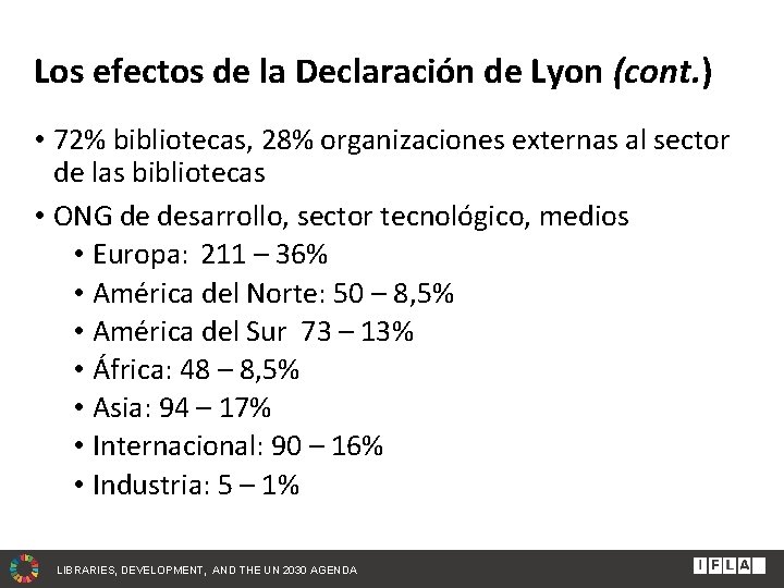 Los efectos de la Declaración de Lyon (cont. ) • 72% bibliotecas, 28% organizaciones