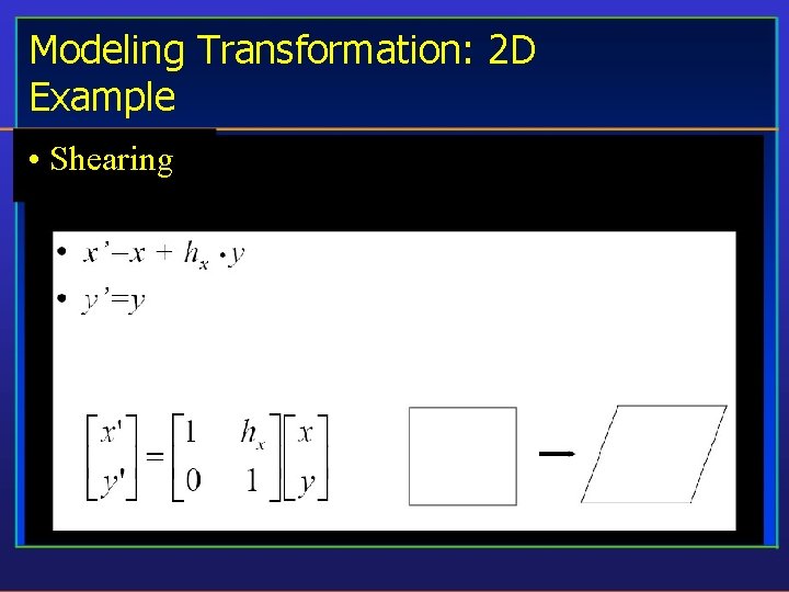 Modeling Transformation: 2 D Example • Shearing 