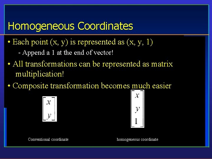 Homogeneous Coordinates • Each point (x, y) is represented as (x, y, 1) -