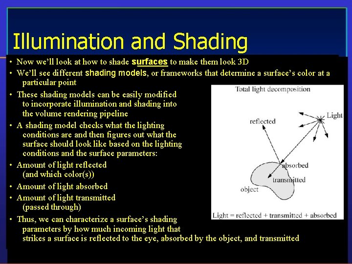 Illumination and Shading • Now we’ll look at how to shade surfaces to make