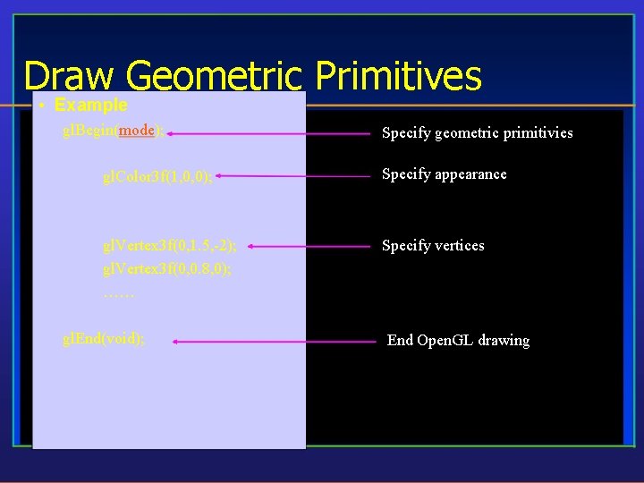 Draw Geometric Primitives • Example gl. Begin(mode); Specify geometric primitivies gl. Color 3 f(1,