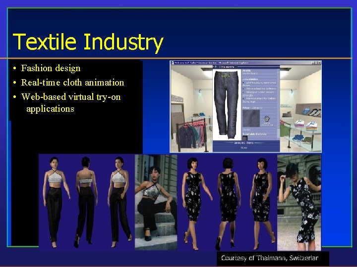 Textile Industry • Fashion design • Real-time cloth animation • Web-based virtual try-on applications