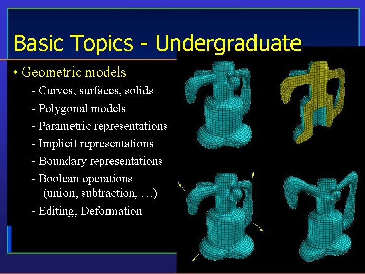 Basic Topics - Undergraduate • Geometric models - Curves, surfaces, solids - Polygonal models