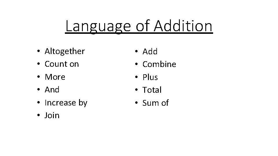 Language of Addition • • • Altogether Count on More And Increase by Join