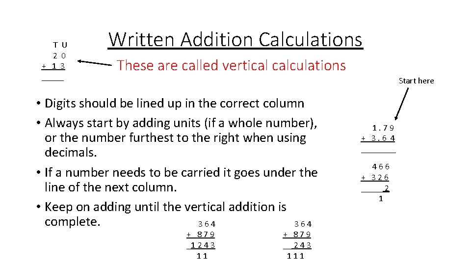 T U 2 0 + 1 3 _____ Written Addition Calculations These are called