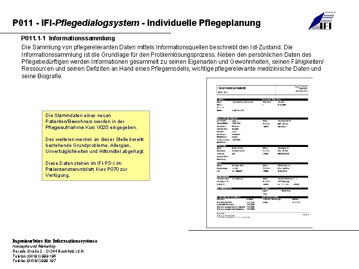 P 011 - IFI-Pflegedialogsystem - Individuelle Pflegeplanung P 011. 1 -1 Informationssammlung Die Sammlung