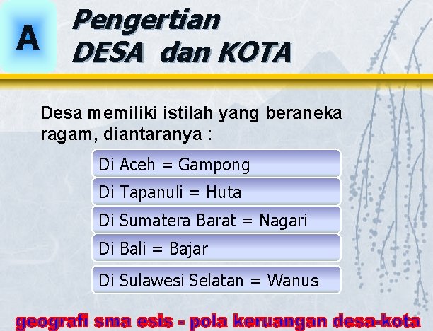 A Pengertian DESA dan KOTA Desa memiliki istilah yang beraneka ragam, diantaranya : Di A Pengertian DESA dan KOTA Desa memiliki istilah yang beraneka ragam, diantaranya : Di