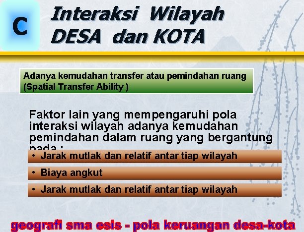 C Interaksi Wilayah DESA dan KOTA Adanya kemudahan transfer atau pemindahan ruang (Spatial Transfer C Interaksi Wilayah DESA dan KOTA Adanya kemudahan transfer atau pemindahan ruang (Spatial Transfer