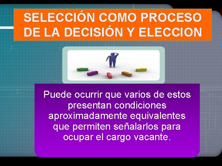 SELECCIÓN COMO PROCESO DE LA DECISIÓN Y ELECCION Puede ocurrir que varios de estos