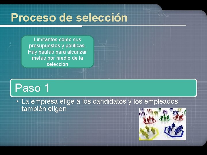 Proceso de selección Limitantes como sus presupuestos y políticas. Hay pautas para alcanzar metas