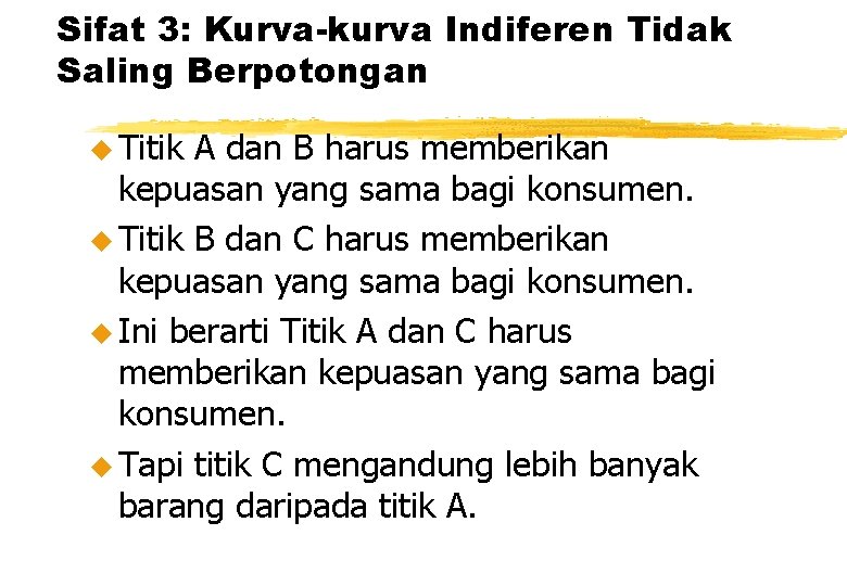 Sifat 3: Kurva-kurva Indiferen Tidak Saling Berpotongan u Titik A dan B harus memberikan