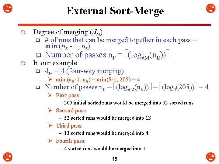  External Sort-Merge m Degree of merging (d. M) q # of runs that
