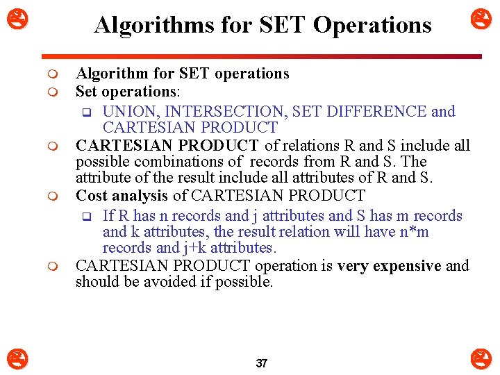  Algorithms for SET Operations m m m Algorithm for SET operations Set operations: