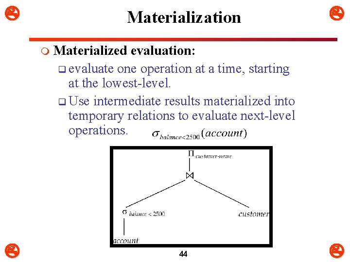  Materialization m Materialized evaluation: q evaluate one operation at a time, starting at