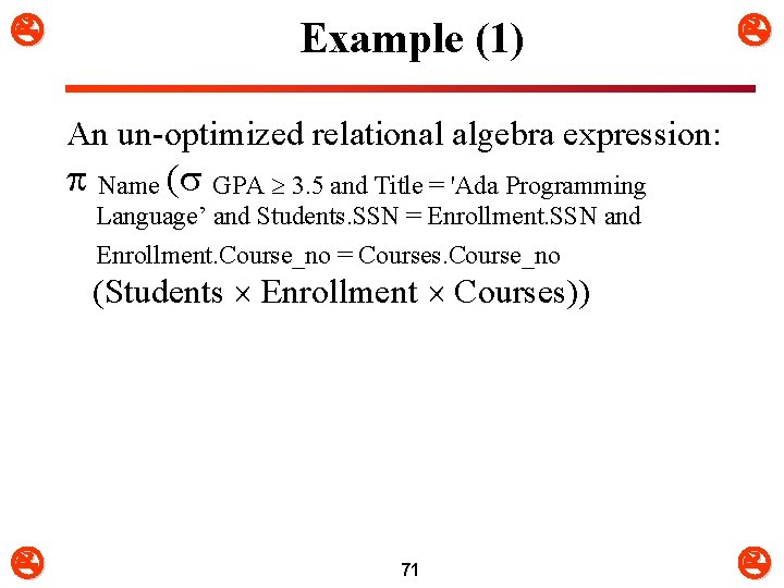  Example (1) An un-optimized relational algebra expression: Name ( GPA 3. 5 and