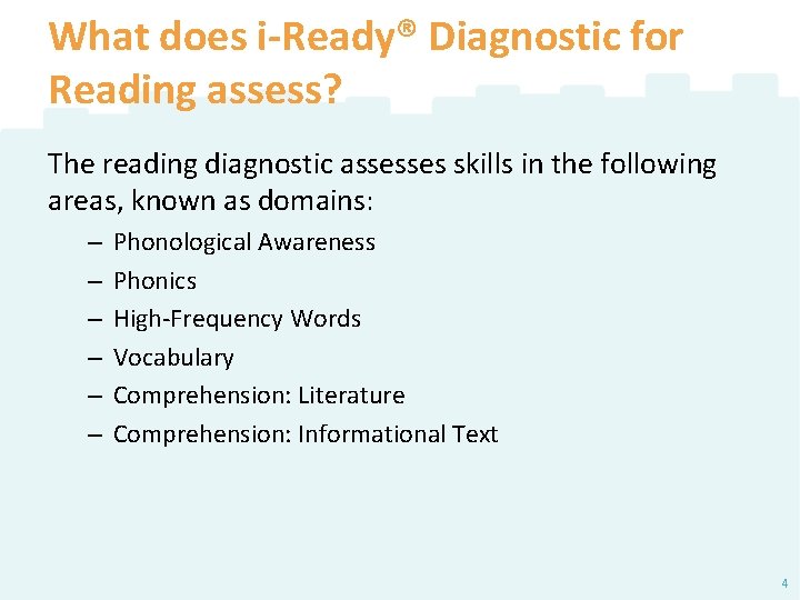 What does i-Ready® Diagnostic for Reading assess? The reading diagnostic assesses skills in the What does i-Ready® Diagnostic for Reading assess? The reading diagnostic assesses skills in the