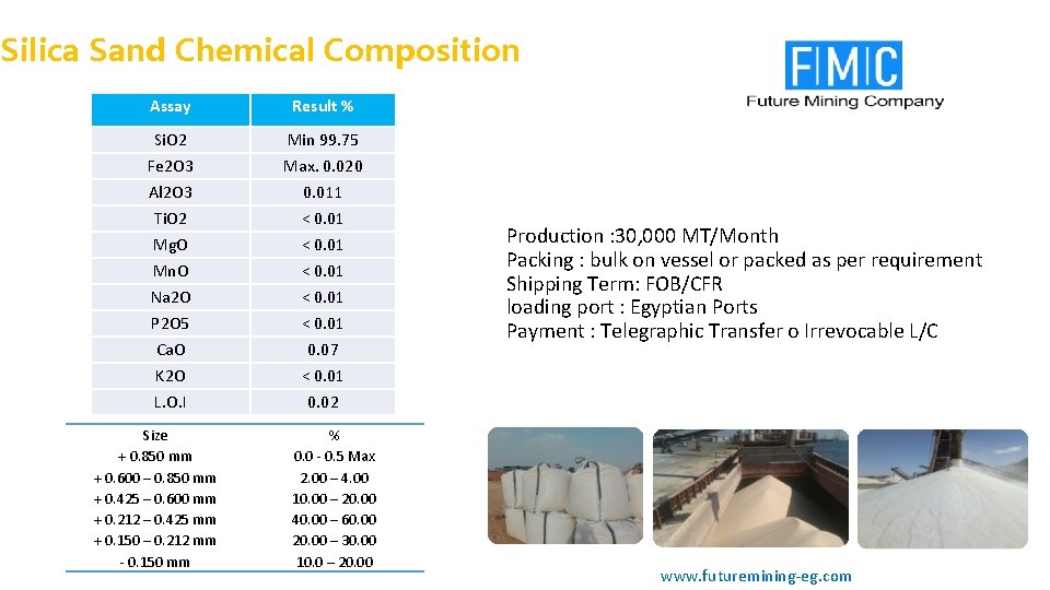 Silica Sand Chemical Composition Assay Result % Si. O 2 Fe 2 O 3