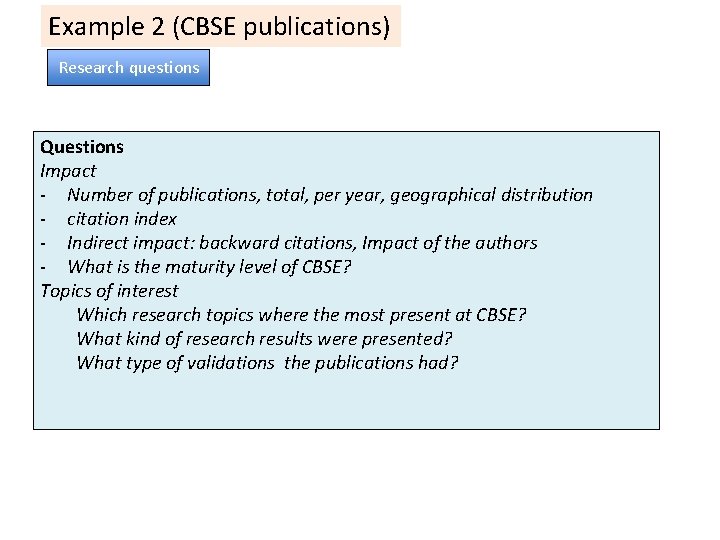 Example 2 (CBSE publications) Research questions Questions Impact - Number of publications, total, per