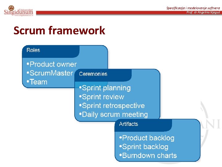 Specifikacija i modelovanje softvera Prof. dr Angelina Njeguš Scrum framework 