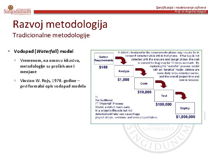 Specifikacija i modelovanje softvera Prof. dr Angelina Njeguš Razvoj metodologija Tradicionalne metodologije § Vodopad