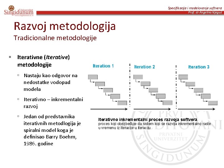 Specifikacija i modelovanje softvera Prof. dr Angelina Njeguš Razvoj metodologija Tradicionalne metodologije § Iterativne