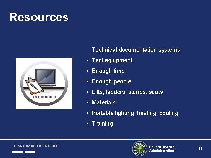 Resources • Technical documentation systems • Test equipment • Enough time • Enough people