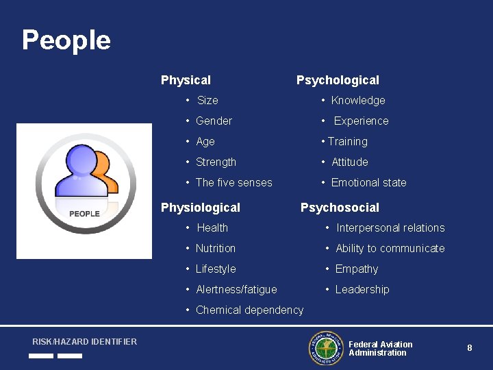 People Physical Psychological • Size • Knowledge • Gender • Experience • Age •