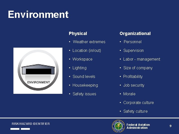 Environment Physical Organizational • Weather extremes • Personnel • Location (in/out) • Supervision •