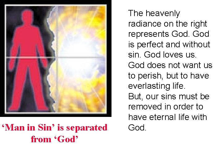 ‘Man in Sin’ is separated from ‘God’ The heavenly radiance on the right represents ‘Man in Sin’ is separated from ‘God’ The heavenly radiance on the right represents